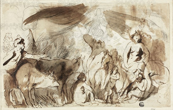 Study for the Sine Baccho et Cerere Friget Venus (recto), Family of Darius before Alexander (verso), n.d., Attributed to Jacob Jordaens, Flemish, 1593-1678, Flanders, Pen and black ink with brush and brown wash, over black chalk (recto), and brush and brown wash over black chalk (verso), on ivory laid paper, 205 × 324 mm