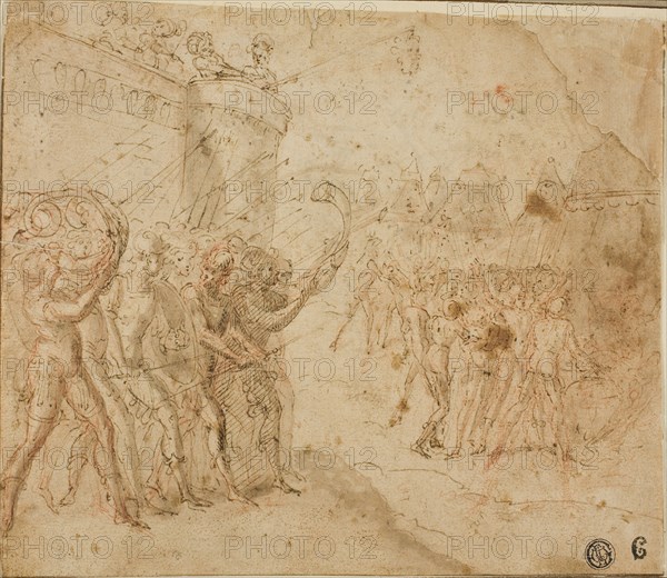 Joshua Commanding the Israelites, n.d., Circle of Jacopo Zanguidi, called Bertoia (Italian, 1544-c.1573), or Circle of Federico Zuccaro (Italian, 1540/41-1609, Italy, Pen and brown ink with red chalk and brush and brown wash, on tan laid paper, 195 x 223 mm (max.)