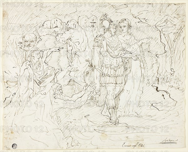 Aeneas in the Elysian Fields (recto), Sketches of Groups of Figures (verso), n.d., Raymond de Lafage, French, 1656-1690, France, Pen and brown ink, over traces of black chalk (recto) and graphite (verso) on ivory laid paper, 285 × 354 mm
