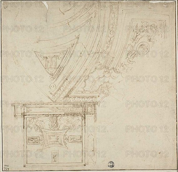 Ceiling Decoration with Grotesques, 1530s, Perino del Vaga, or circle of, Italian, 1501-1547, Italy, Pen and brown ink, with traces of black chalk, on cream laid paper, edge mounted to ivory laid paper, 264 x 272 mm (max.)