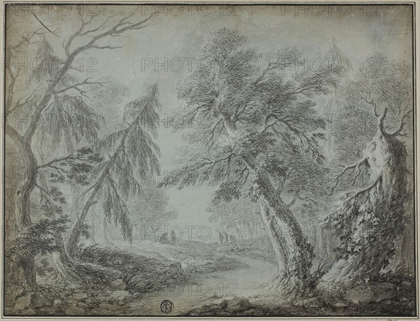 Forest with Stream and Figures, n.d., Possibly Jean Baptiste Pillement (French, 1719/28-1808), or Simon Mathurin Lantara (French, 1729-1778), France, Black chalk, with brush and black wash, on blue prepared ground on ivory paper, laid down on card, 225 × 297 mm