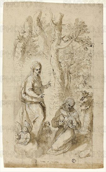 Vision of St. Francis of Assisi (recto), Saint Jerome, Vision of Saint Francis, and Two Small Sketches of St. Francis Holding the Christ Child (verso), c. 1618, Jacopo Negretti, called Palma il Giovane, Italian, c. 1548-1628, Italy, Pen and brown ink with brush and brown wash, heightened with lead white, over black chalk, on tan laid paper, squared in black chalk (recto), and pen and brown ink over black chalk on tan laid paper (verso), 409 x 250 mm (max.)