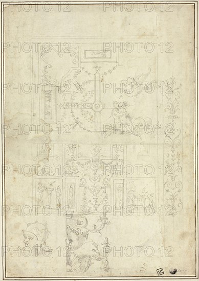 Ceiling Design, with Sketches of Ornamental Border, Helmeted Head (recto), Sketches of Ornamental Details (verso), n.d., School of Giovanni da Udine, called Giovanni dei Ricamatori (Italian, 1487-1561), or School of Perino del Vaga (Italian, 1500/01-1547), Italy, Pen and brown ink, with touches of graphite, on ivory laid paper, edge mounted on to ivory laid paper (recto), and pen and brown ink on ivory laid paper (verso), 390 x 273 mm