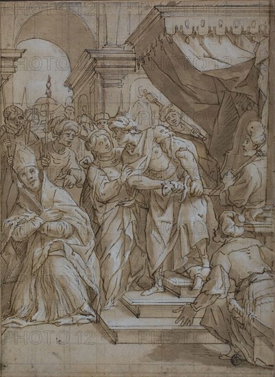 Queen Intervening to Spare the Life of a Bishop Saint, c. 1634, Lazzaro Tavarone, Italian, 1556-1661, Italy, Pen and brown ink with brush and brown wash, heightened with lead white (partly discolored), on tan laid paper, squared in black chalk, laid down on ivory laid paper, 310 x 226 mm