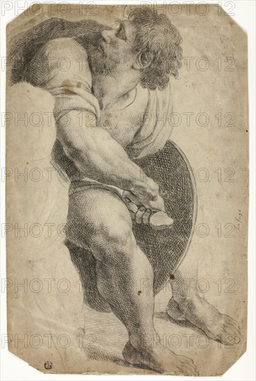 Guard Drawing His Sword, 17th century, After Raffaello Sanzio, called Raphael, Italian, 1483-1520, Italy, Black chalk on tan laid paper, edge mounted on buff laid paper, 432 x 280 mm