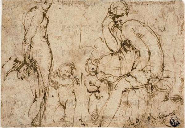 Venus and Mars with Putti (recto), Bearded Man Moving to Right (verso), c. 1550, Circle of Francesco Mazzola, called Parmigianino, Italian, 1503-1540, Italy, Pen and brown ink on cream laid paper (recto and verso), both laid down on ivory laid paper, 122 x 175 mm