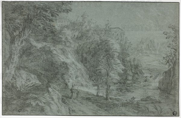 Italianate Landscape with Church on Cliff, n.d., Attributed to Gaspard Dughet, French, 1615-1675, France, Black chalk, heightened with traces of white chalk, on blue laid paper, laid down on cream laid paper, 272 × 420 mm