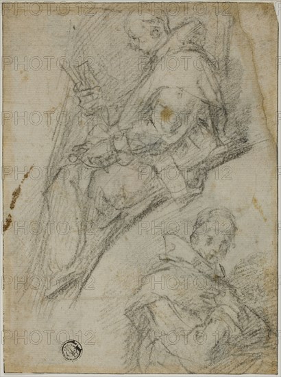 Two Studies of Carthusians (recto), Three Sketches of Heads of Carthusians (verso), 1591/92, Bernardino Barbatelli, called Poccetti, Italian, 1548-1612, Italy, Black chalk (recto and verso) on ivory laid paper, 173 x 128 mm