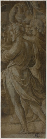 Fragment of a Composition: Attendants Bearing Flagons, n.d., Attributed to Biagio Pupini, called dalle Lame (Italian, active 1511-1551), or Giulio Romano (Italian, 1499-1546), Italy, Brush and brown wash with gray oil paint, over black chalk, on cream laid paper, 287 x 96 mm (max.)