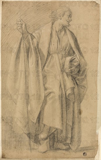 Standing Draped Male Figure, Holding Staff, n.d., Unknown Artist, French or Italian, possibly Florentine, 17th century, France, Black chalk, heightened with white chalk, on tan laid paper, tipped on ivory laid paper, 421 × 261 mm
