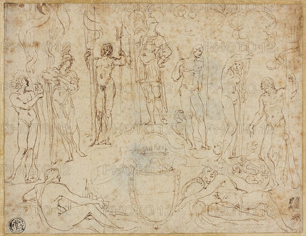 Study for a Thesis Conclusion Presented to the Duke of Mantua, 1616/19, Ludovico Carracci, Italian, 1555-1619, Italy, Pen and brown ink, on buff laid paper, laid down on cream laid paper, 145 x 189 mm