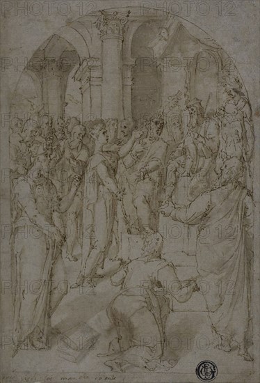 St. Catherine of Alexandria Disputing with the Doctors, n.d., Unknown Artist, Italian, 1590-1599, Italy, Pen and brown ink with brush and brown wash and gray wash, on tan laid paper, edge mounted on cream wove paper, 184 x 127 mm