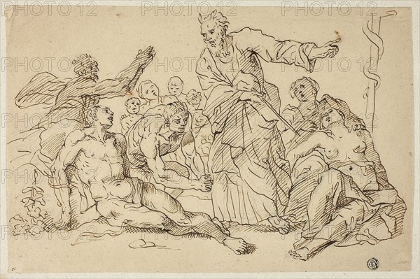 Moses and the Brazen Serpent, n.d., Unknown Artist, Possibly Italian, n.d., Italy, Pen and brown ink, over graphite, on tan laid paper, tipped onto gray laid paper, 212 x 325 mm