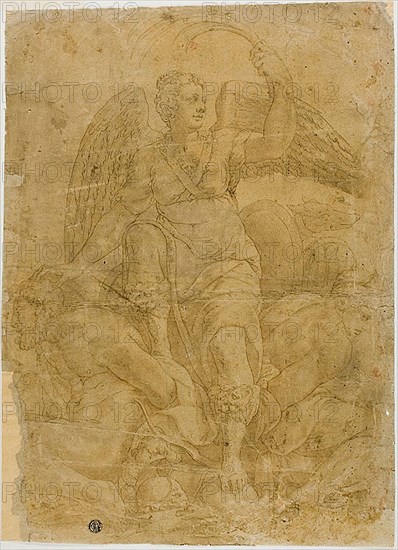 Allegory of Victory with Two Captives, n.d., Follower of Giorgio Vasari, Italian, 1511-1574, Italy, Pen and black ink, with brush and brown wash, on tan laid paper, 319 x 285 mm (max.)