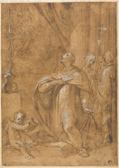 San Carlo Borromeo Adoring an Image of the Birth of the Virgin, 1684/87, Sigismondo Caula, Italian, 1637-1724, Italy, Brush and brown ink and wash, with black chalk, heightened with lead white (partly discolored), on brown laid paper, laid down on card, 422 x 300 mm