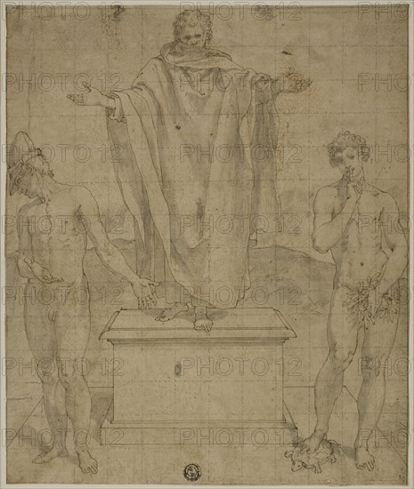 Study for Allegory of Faith and Silence, 1500/95, Bartolomeo Cesi (Italian, 1556-1629), or School of Perino del Vaga (Italian, 1500/01-1547), Italy, Pen and black ink with brush and gray wash, with traces of red chalk, on tan laid paper, squared in black chalk, laid down on ivory wove card, 268 x 225 mm