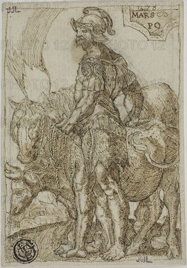 Warrior and Castle, n.d., After Heinrich Aldegrever, German, 1502-c. 1560, Germany, Pen and brown ink, over graphite, on cream laid paper, laid down on green laid paper, 102 x 72 mm