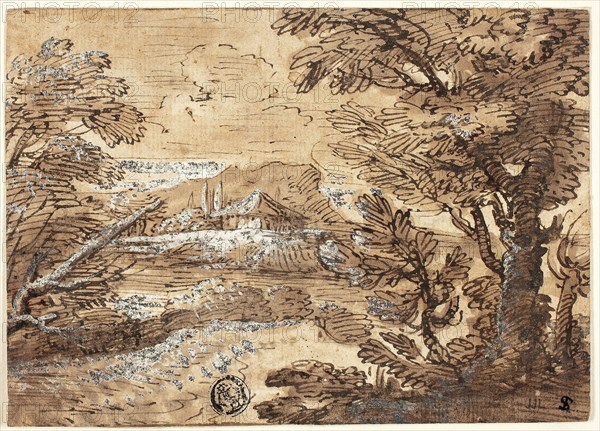 Landscape with House in Distance, n.d., Possibly Ferdinand Kobell, German, 1740-1799, Germany, Pen and brown ink with brush and brown wash, heightened with lead white (discolored), on ivory laid paper, laid down on card, 103 x 145 mm