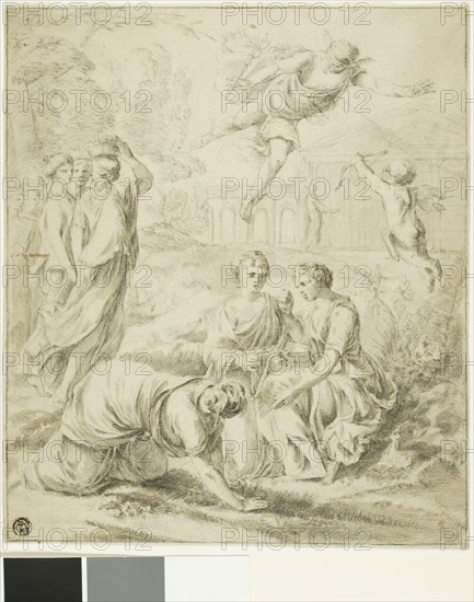 Study for Mercury and Herse, c. 1649, Laurent de La Hyre, French, 1606-1656, France, Black chalk, with brush and brown and gray wash, on paper, 276 × 235 mm
