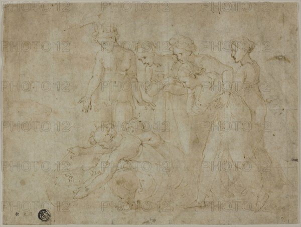 Finding of Moses, 1518/19, After Giovanni Francesco Penni  (Italian, c.1496-c.1528), or Workshop of Raffaello Sanzio, called Raphael (Italian, 1483-1520), Italy, Pen and brown ink with brush and pale brown wash, on buff laid paper, squared in black chalk, 183 x 243 mm