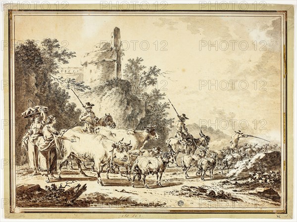 Herdsmen, Cattle and Sheep Passing Two Maidens, with Ruined Castle on Hill Above, n.d., Follower of Claes Pietersz. Berchem (Dutch, 1620-1683), or School of Karel Dujardin (Dutch, c. 1622-1678), Netherlands, Black chalk, with brush and gray and brown wash, on ivory laid paper, laid down on card, 366 x 489 mm
