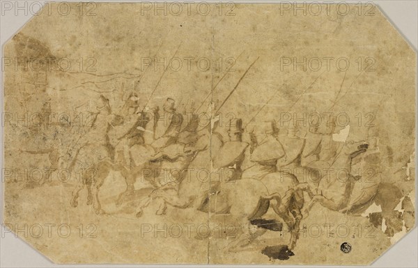 A Company of Horsemen, c. 1510, After Battista Franco, called Il Semolei (Italian, c. 1510-1561), or School of Raphael (Italian, 1483-1520), Italy, Brush and brown ink and wash, on tan laid paper, laid down on ivory board, 239 x 374 mm (max.)