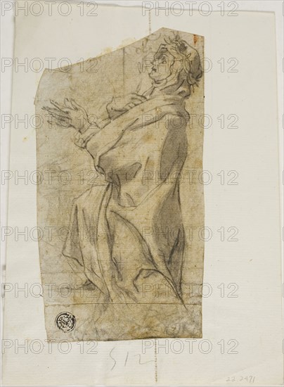 Kneeling Female Saint in Profile, n.d., Attributed to Lazzaro Tavarone (talian, 1556-1641), or Andrea Lilio (talian, 1555-1642), or Circle of Francesco Vanni (Italian, 1563-1610), Italy, Charcoal with brush and gray wash on ivory laid paper, laid down on ivory laid paper, 151 x 83 mm