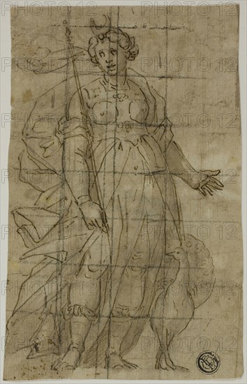 Study for Juno (or Diana) with a Peacock, 1584/85, Luca Cambiaso, Italian, 1527-1585, or Lazzaro Tavarone, Italian, 1556-1641, or Bernardo Castello, Italian,1557-1629, Italy, Pen and brown ink with brush and brown wash, on ivory laid paper, squared in black chalk, 161 x 114 mm