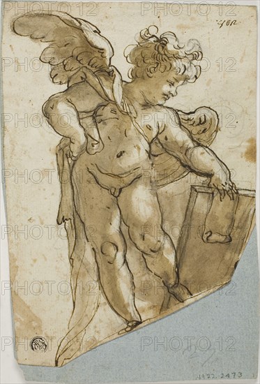Standing Putto Holding Tablet, n.d., Attributed to Lazzaro Tavarone (Italian, 1556-1641), or Style of Domenico Piola (Italian, 1627-1793), or Lodovico Carracci (Italian, 1555-1619), Italy, Pen and brown ink with brush and brown wash, over black chalk, on ivory laid paper, laid down on  blue laid paper, 211 x 150 mm