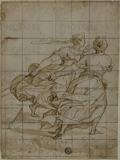 Two Women on Clouds, Pulling a Load, 1614/24, Circle of Bernardo Castello (Italian, Lazzaro Tavarone (Italian, 1556-1641), Italy, Pen and brown ink with brush and brown wash, with traces of black chalk, on ivory laid paper, squared in black chalk, 218 x 163 mm