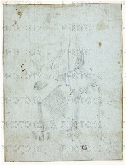 Standing Youth Holding Hat, and Sketch of Legs, n.d., Probably Domenico Fiasella (Italian, 1589-1669), or possibly Lodovico Carracci (Italian, 1555-1619), or possibly the style of Justus Suttermans (Flemish, 1597-1681), Italy, Black chalk on blue laid paper, 295 x 221 mm