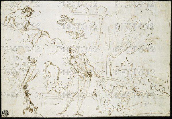 Sacrifice of Isaac (recto), Jacob’s Dream (verso), 1613/20, Giovanni Francesco Barbieri, called Guercino, Italian, 1591-1666, Italy, Pen and brown ink on ivory laid paper, 173 x 255 mm