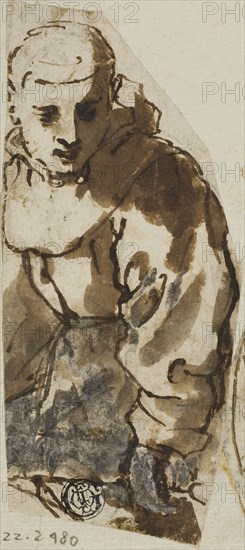 Monk Turning Sideways, n.d., Andrea Lilio, Italian, 1555-1642, Italy, Pen and brown ink with brush and brown wash, heightened with lead white (oxidized), over traces of black chalk, on ivory laid paper, laid down on ivory laid paper, 122 x 55 mm