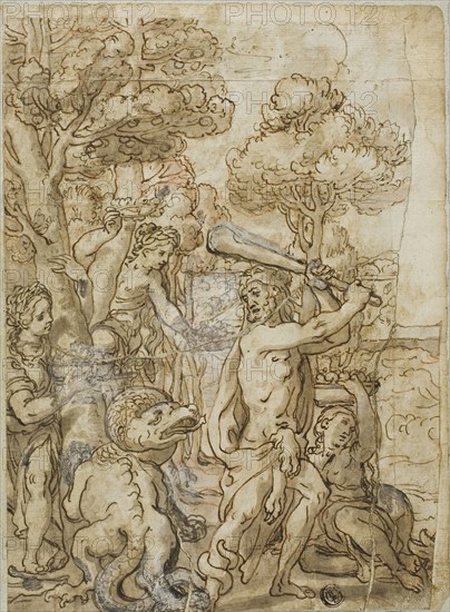 Hercules Slaying the Serpent Ladon in the Garden of the Hesperides, n.d., Andrea Lilio (Italian, 1555-1642), or Lazzaro Tavarone (Italian, 1556-1641), or Style of Pietro da Cortona (Italian, 1596-1669), Italy, Pen and brown ink with brush and brown wash, heightened with lead white (discolored), over red chalk, on ivory laid paper, laid down on ivory laid paper, laid down on blue laid paper, 246 x 180 mm