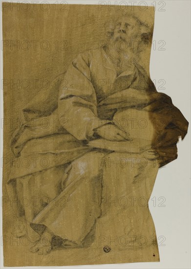 Evangelist Writing at Desk, n.d., Probably Domenico Fiasella, Italian, 1589-1669, Italy, Black chalk, heightened with white chalk, on brown tinted laid paper, laid down on cream laid paper, 368 x 257 mm