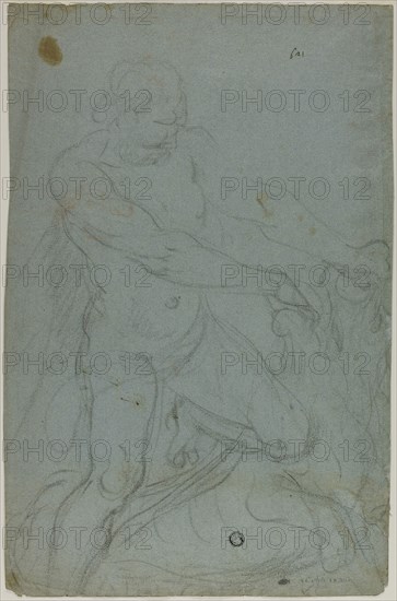 Samson and the Lion (recto), Virgin Mary with Right Arm Extended (verso), n.d., Probably Domenico Fiasella (Italian, 1589-1669), or possibly Lodovico Carracci (Italian, 1555-1619), or possibly a follower of Cesare Dandini (Italian 1596-1657), Italy, Black chalk (recto), and black chalk heightened with touches of white chalk (verso), on blue laid paper, 394 x 256 mm