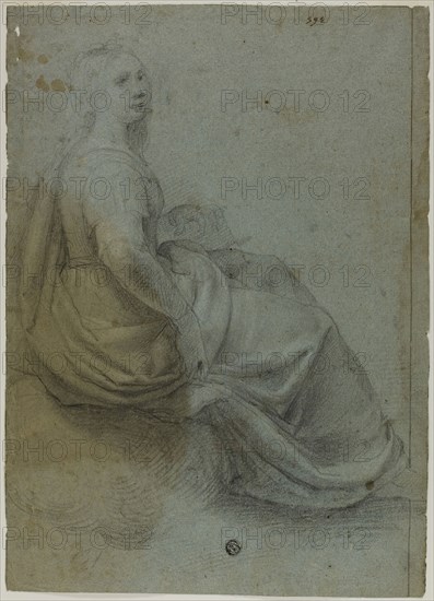 Seated Woman in Profile, to Right, n.d., Probably Domenico Fiasella (Italian, 1589-1669), or possibly Agostino Carracci (Italian, 1557-1602), Italy, Black chalk, heightened with touches of white chalk, on blue laid paper, 373 x 267 mm