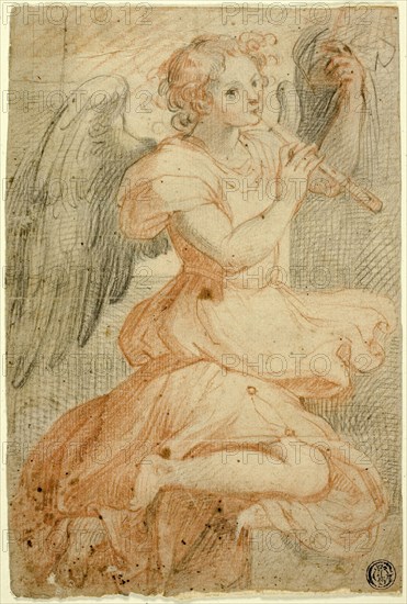 Angel Playing a Flute, c. 1591, Circle of Giuseppe Cesari, called Il Cavalier d’Arpino, Italian, 1568-1640, Italy, Black and red chalk, with traces of pen and brown ink, on buff laid paper, incised, 205 x 136 mm