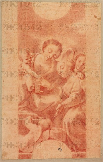 Mystic Marriage of Saint Catherine, 18th century, Style of Antonio Allegri, called Correggio (Italian, c. 1494-1534), possibly after Mattia Preti (Italian, 1613-1699), Italy, Red chalk, with stumping, and brush and red chalk wash, on cream laid paper, tipped onto tan wove paper, 422 x 268 mm