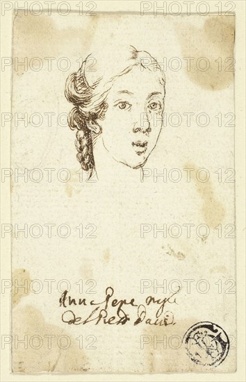 Female Portrait Head, n.d., Attributed to Stefano della Bella, Italian, 1610-1664, Italy, Pen and brown ink, with traces of black chalk, on ivory laid paper, laid down on ivory laid paper, 78 x 48 mm