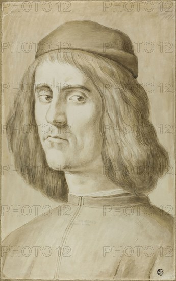 Portrait Bust of a Young Man, after 1829, After Alessandro Filipepi, called Sandro Botticelli, Italian, 1444/45-1510, Italy, Brush and brown ink and brown and gray wash, over traces of graphite, on ivory wove paper, tipped on to tan laid paper with gray fibers, 417 x 262 mm
