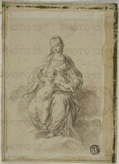 Virgin and Child Seated on Clouds, n.d., Attributed to Count Antonio Maria Zanetti the Elder (Italian, 1679/80–1767), or after Francesco Mazzola, called Il Parmigianino (Italian, 1503-1540), Italy, Black chalk with brush and brown wash, on ivory laid paper, partially laid down on blue wove paper, 159 x 114 mm