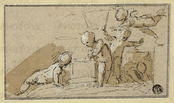 Five Putti at Play, n.d., Jacob de Wit, Dutch, 1695-1754, Holland, Pen and brown ink with brush and brown wash, heightened with lead white (partly discolored), on buff laid paper, tipped onto cream laid paper, 95 x 164 mm