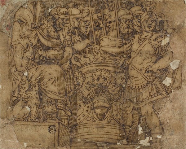 Mucius Scaevola Putting His Hand in the Flame before Porsenna, n.d., After Polidoro Caldara, called Polidoro da Caravaggio, Italian, c. 1499-c. 1543, Italy, Pen and brown ink with brush and brown wash, on brown laid paper, laid down on tan laid paper, 178 x 215 mm