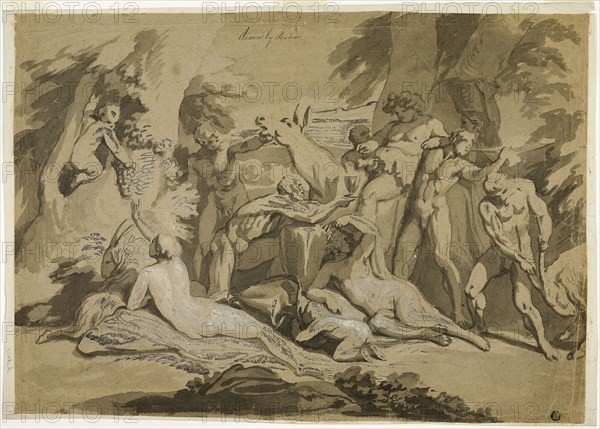 Drunken Silenus Satyr and Nymphs, n.d., Possibly Nicolas Poussin, French, 1594-1665, France, Brush and black and gray wash, heightened with  lead white (discolored), over black chalk on tan laid paper, perimeter mounted on ivory wove paper, 399 × 560 mm