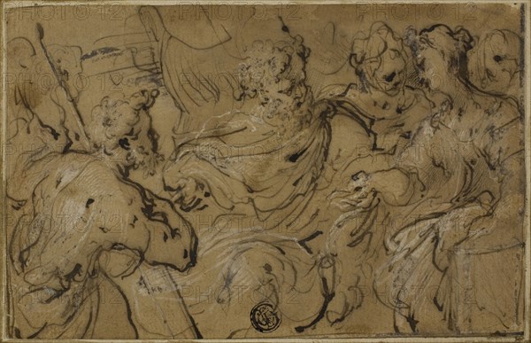 Esther before Ahasuerus or Solomon and Sheba with Cross from Wood of Adam’s Tomb, 1590/1600, Follower of Francesco Mazzola, called Parmigianino, Italian, 1503-1540, Italy, Pen and brush and brown ink, heightened with lead white (partly oxidized), on tan laid paper, laid down on cream laid paper, 110 x 171 mm