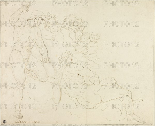 Sketches of Six Classical Figures, n.d., Possibly Raymond de Lafage, French, 1656-1690, France, Pen and brown ink, over graphite, on cream laid paper, laid down on ivory laid paper, 364 × 450 mm