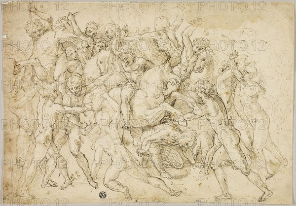 Battle between Cavalry and Foot Soldiers, late 16th century, After Girolamo Genga, Italian, c. 1476-1551, Italy, Pen and brown ink, over traces of graphite, on ivory laid paper, 278 x 397 mm