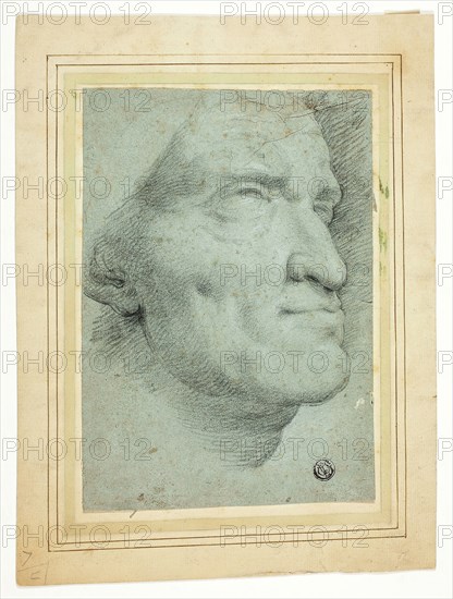 Bust of Roman Emperor, n.d., Style of Anton Raffael Mengs, German, 1728-1779, Germany, Black chalk, with touches of white chalk, on blue laid paper, tipped onto tan laid paper, 188 x 133 mm