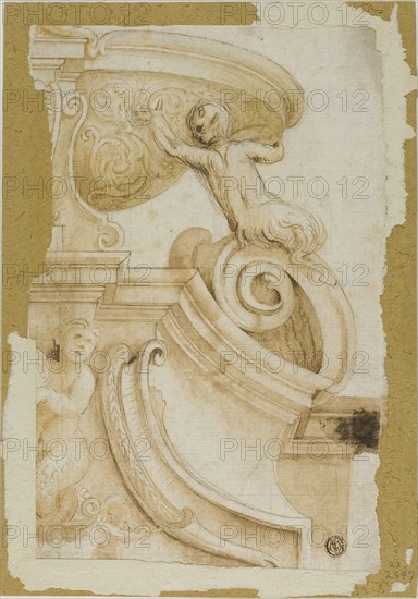 Design for Architrave with Ornamental Scrollwork, Satyr, and Sea Nymph, n.d., Unknown Artist, Italian, n.d., Italy, Pen and brown ink with brush and brown wash, over black chalk, on ivory laid paper, squared in black chalk, laid down on board., 259 x 170 mm
